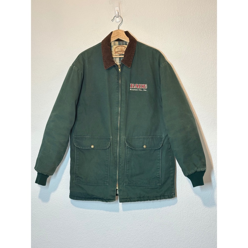 Pella Products Vintage Green Duck Canvas Work Jacket Corduroy Collar Mens Large